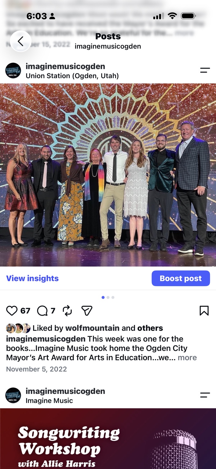 Imagine Music representatives accepting Ogden’s Mayor’s Arts Award for Arts in Education in November 2022