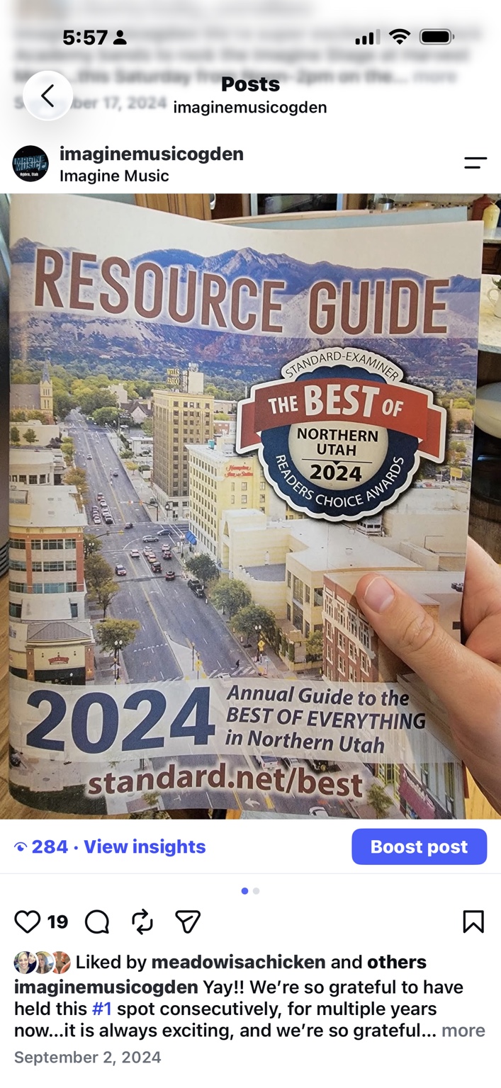 Best of Northern Utah guide recognizing Imagine Music as number one for music instruction in 2024